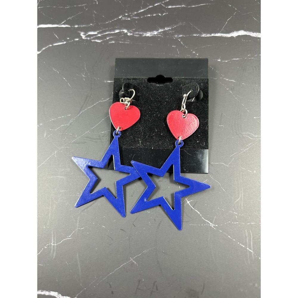 Patriotic Red Heart Blue Star Dangle Earrings Acrylic Statement USA Theme